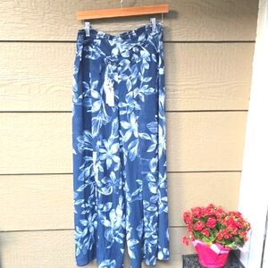 Apana Navy floral Wide Leg Split Front Flowy crepe Resort Pants M